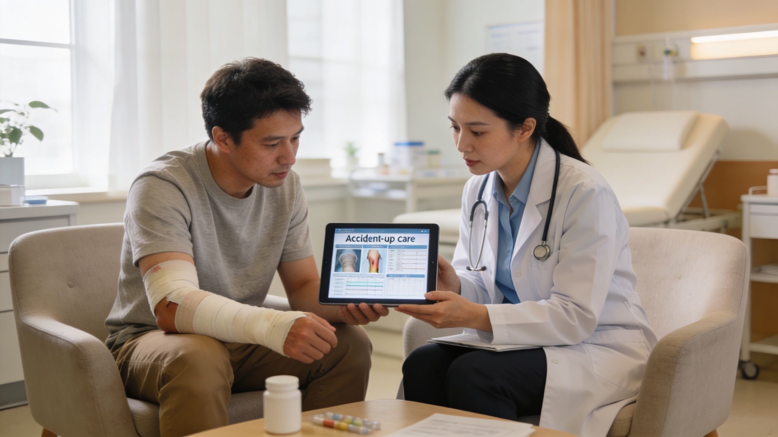 A female doctor with a stethoscope discusses accident treatment on a tablet with an injured male patient.