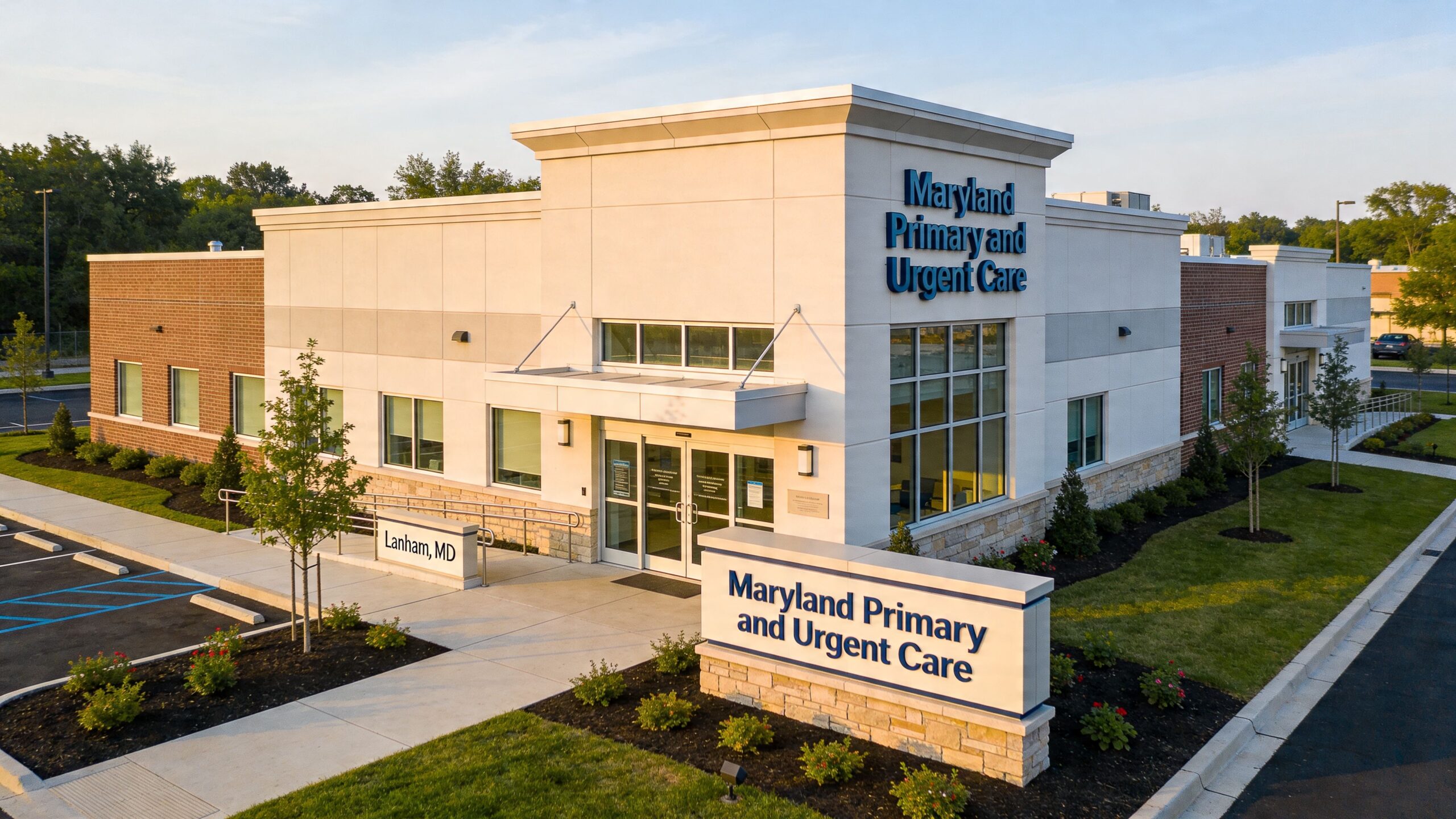 A modern building housing a Maryland Primary and Urgent Care clinic with a clear parking lot.