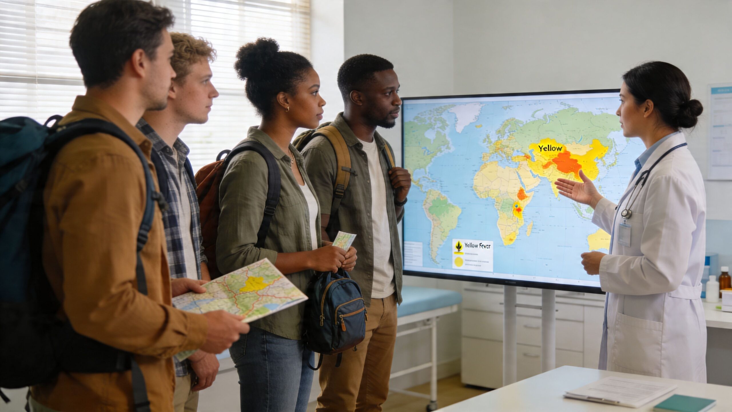 A doctor in a lab coat discusses yellow fever risk areas using a map to student travelers.