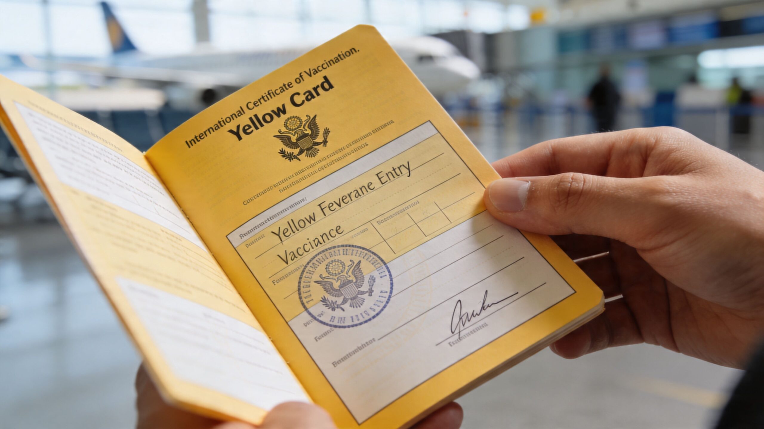 A person holding an open international yellow fever vaccination card at an airport with a plane background.