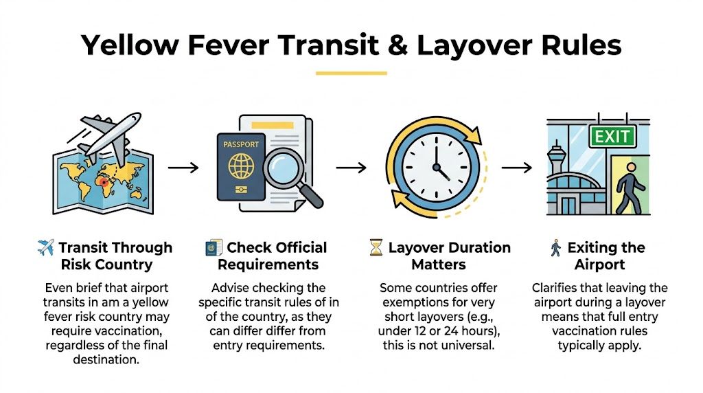 An infographic showing four steps for managing yellow fever vaccination rules during airport transit and layovers.