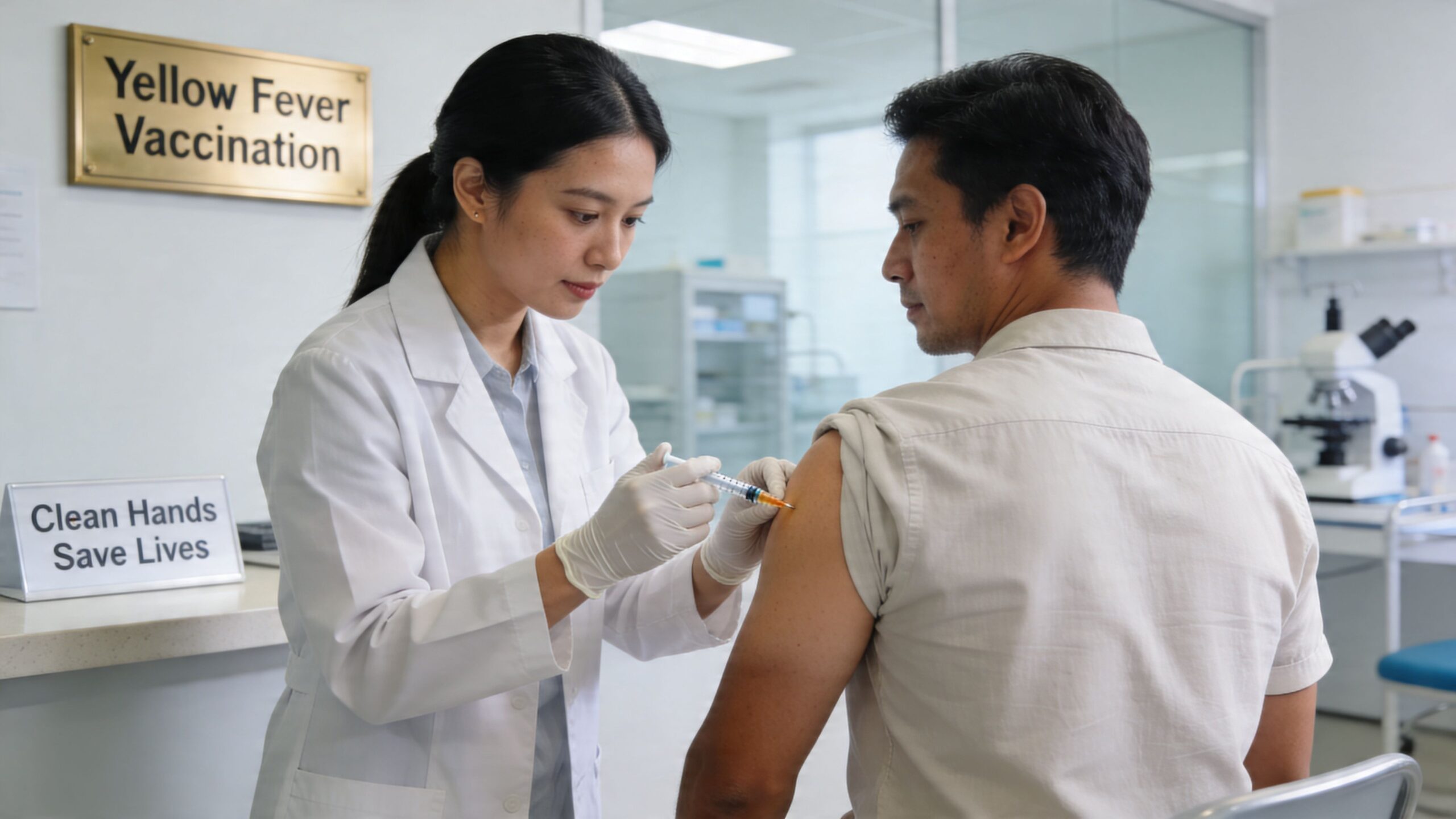 A healthcare professional in a white coat administers a yellow fever vaccination to a male patient.