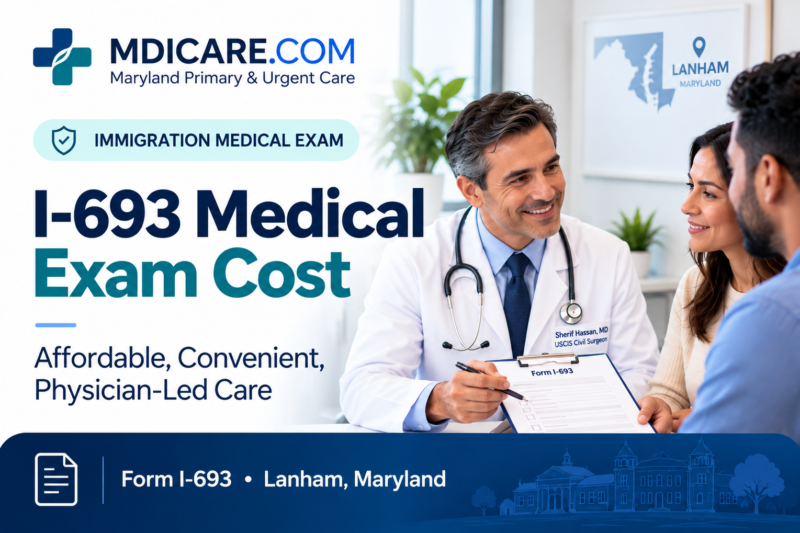Male physician discussing Form I-693 immigration medical exam costs with patients at Maryland Primary & Urgent Care in Lanham, Maryland