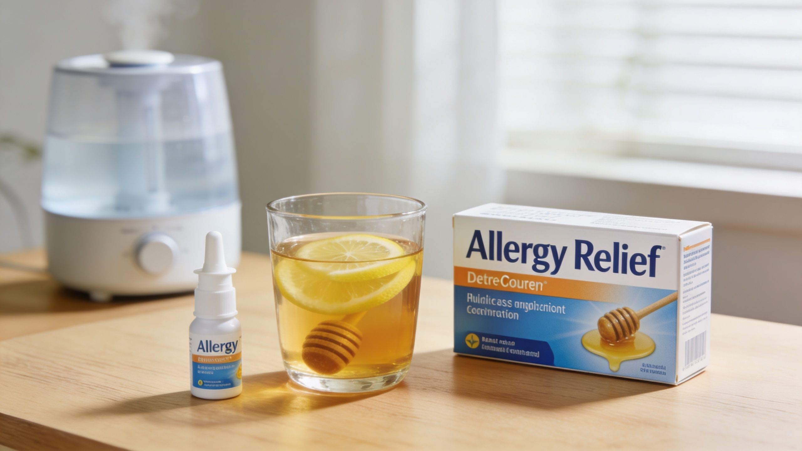 A table featuring an allergy relief nasal spray, a glass of honey lemon tea, and medication box.