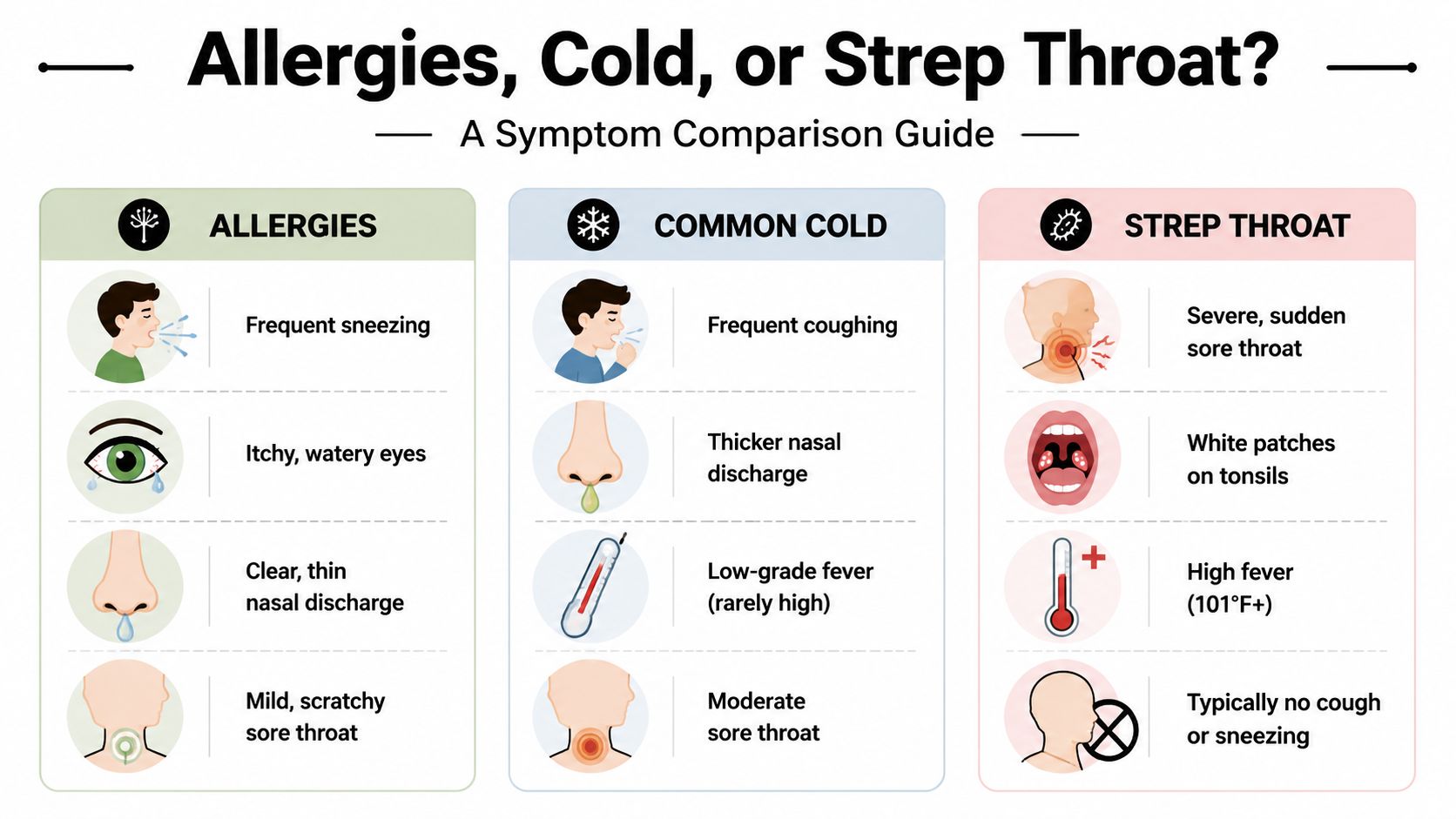 A symptom comparison infographic chart explaining the differences between allergies, common cold, and strep throat.