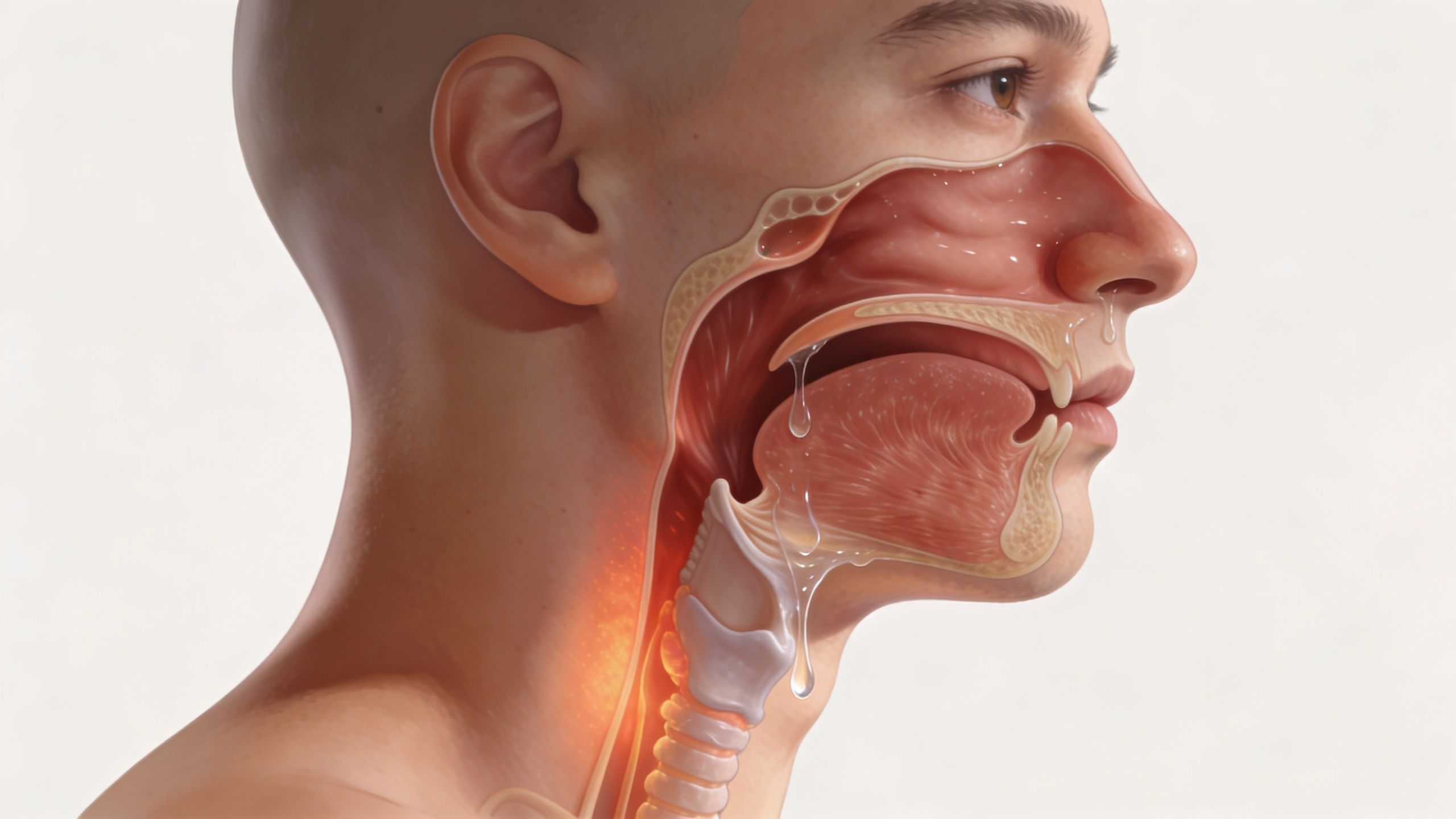 A medical illustration of a human head and throat showing inflammation and mucus associated with allergies.