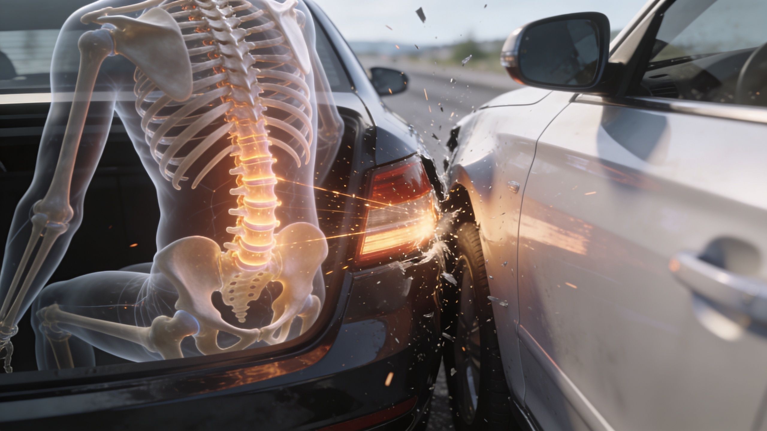A digital illustration showing a human skeletal spine affected by impact during a car crash collision.