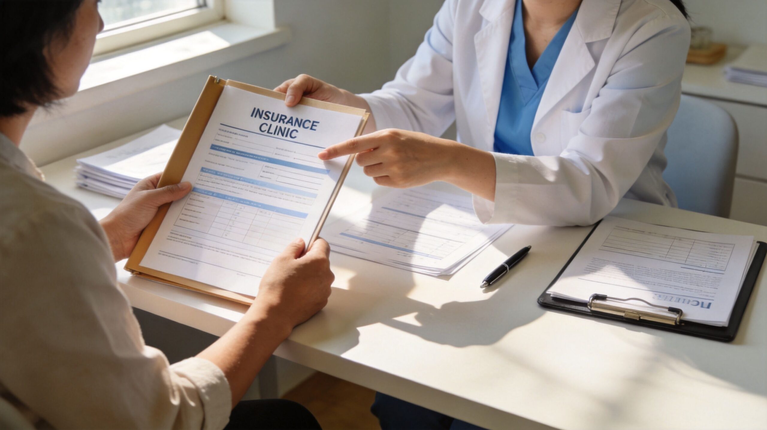 A doctor explaining insurance documents to a patient during a consultation at a clinic office