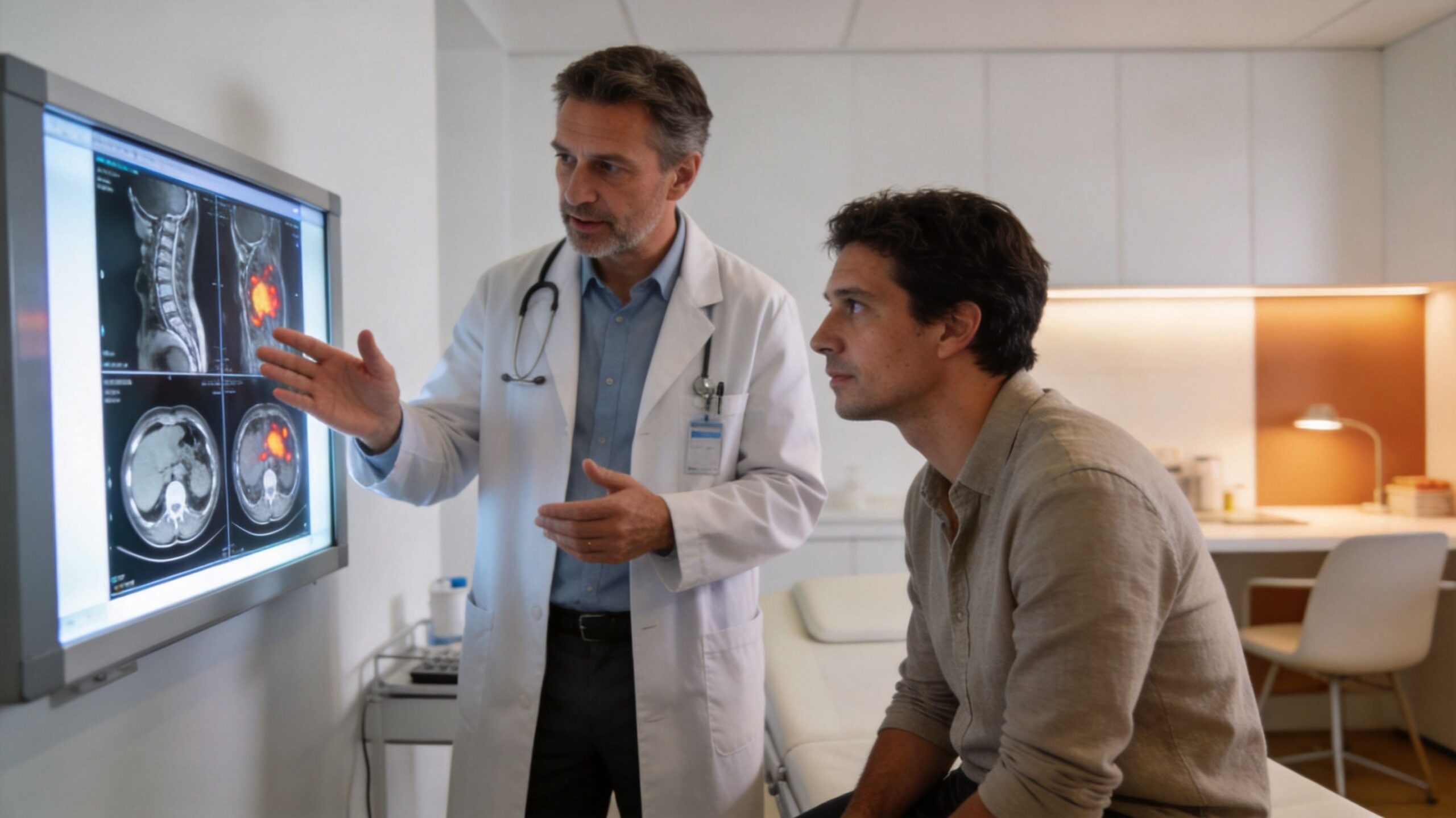A doctor in a white lab coat explaining medical scan results to a patient in an office.