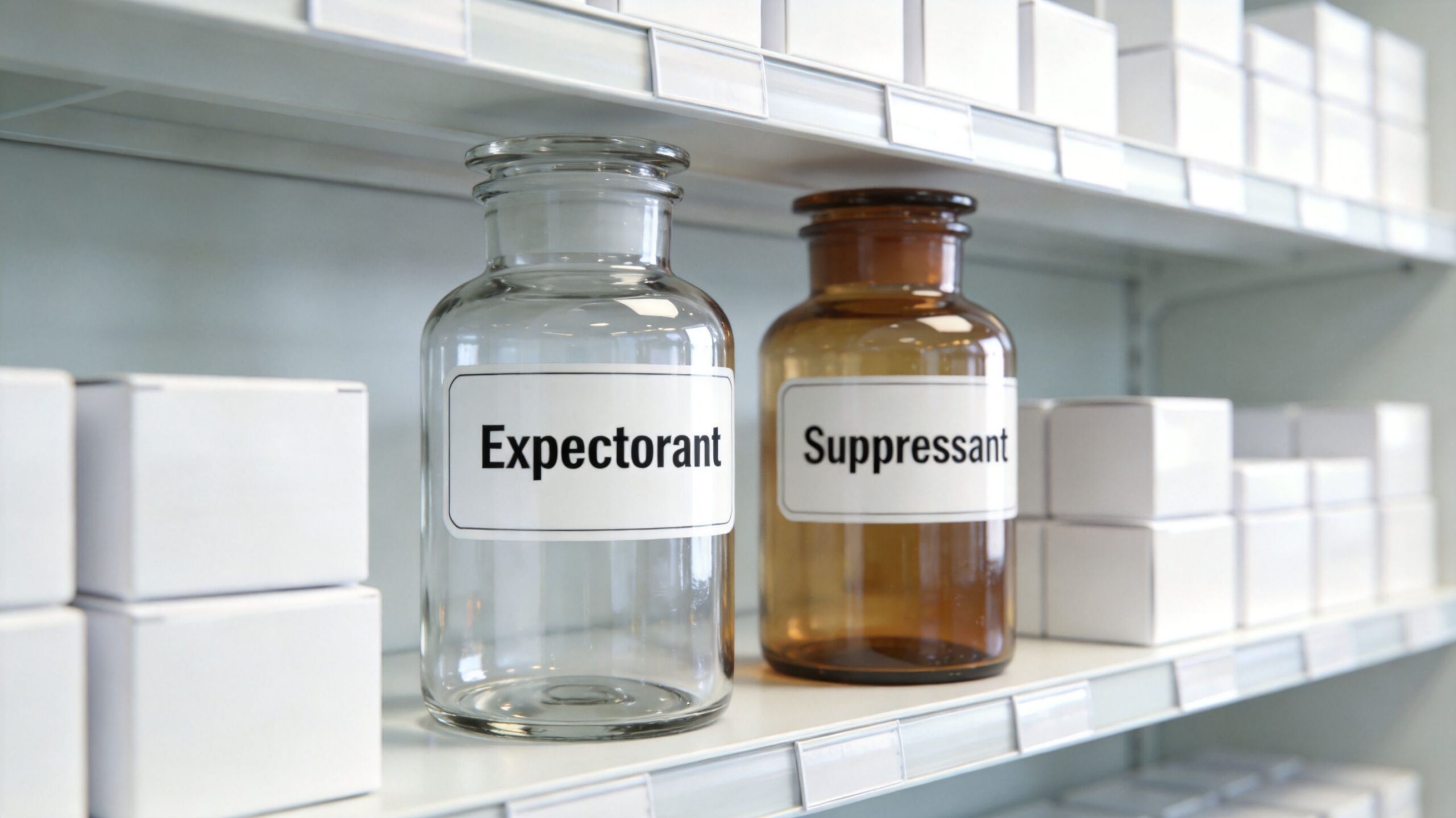 Two glass medicine jars labeled Expectorant and Suppressant sitting on a clean white pharmacy shelf.