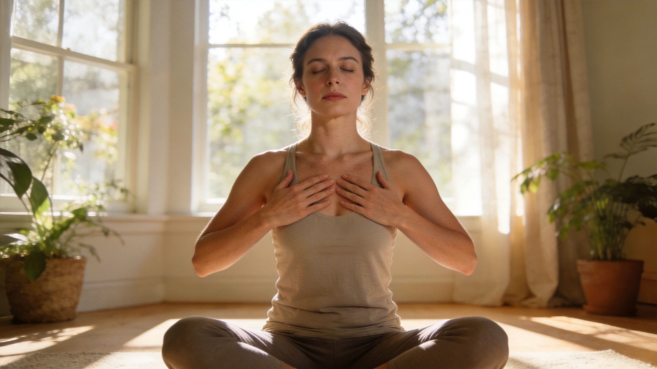 A young woman sitting in a meditative pose with hands on her chest, focusing on mindful breathing.