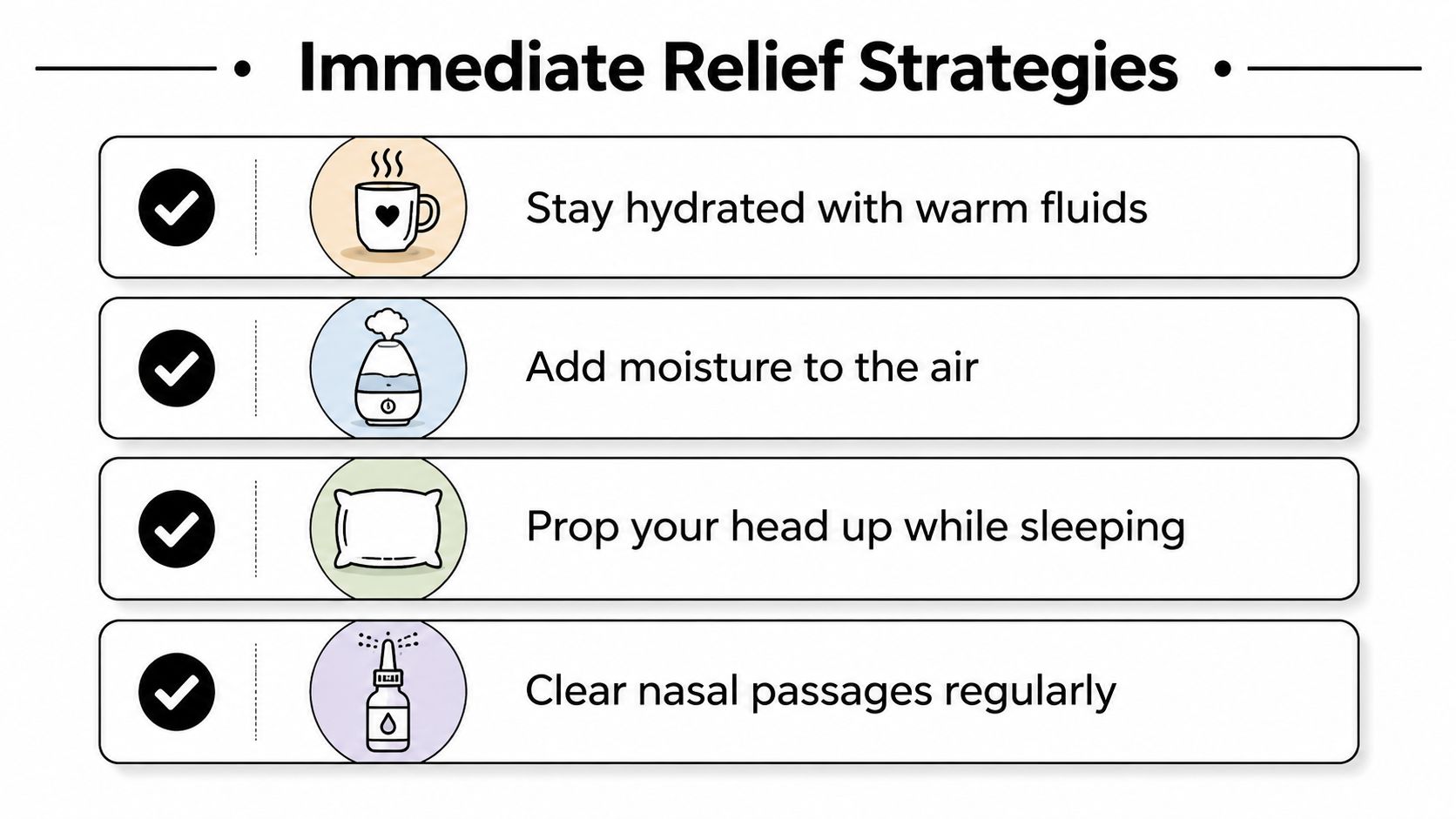 A list of four immediate relief strategies for respiratory discomfort featuring icons for drinks, humidifier, pillows, and nasal spray.