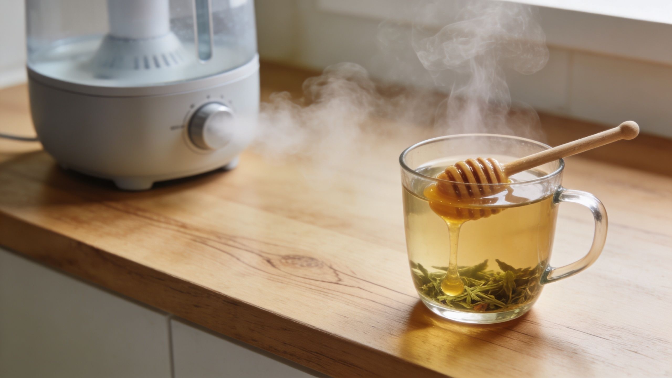 A steaming mug of herbal tea with honey and a humidifier on a wooden counter.