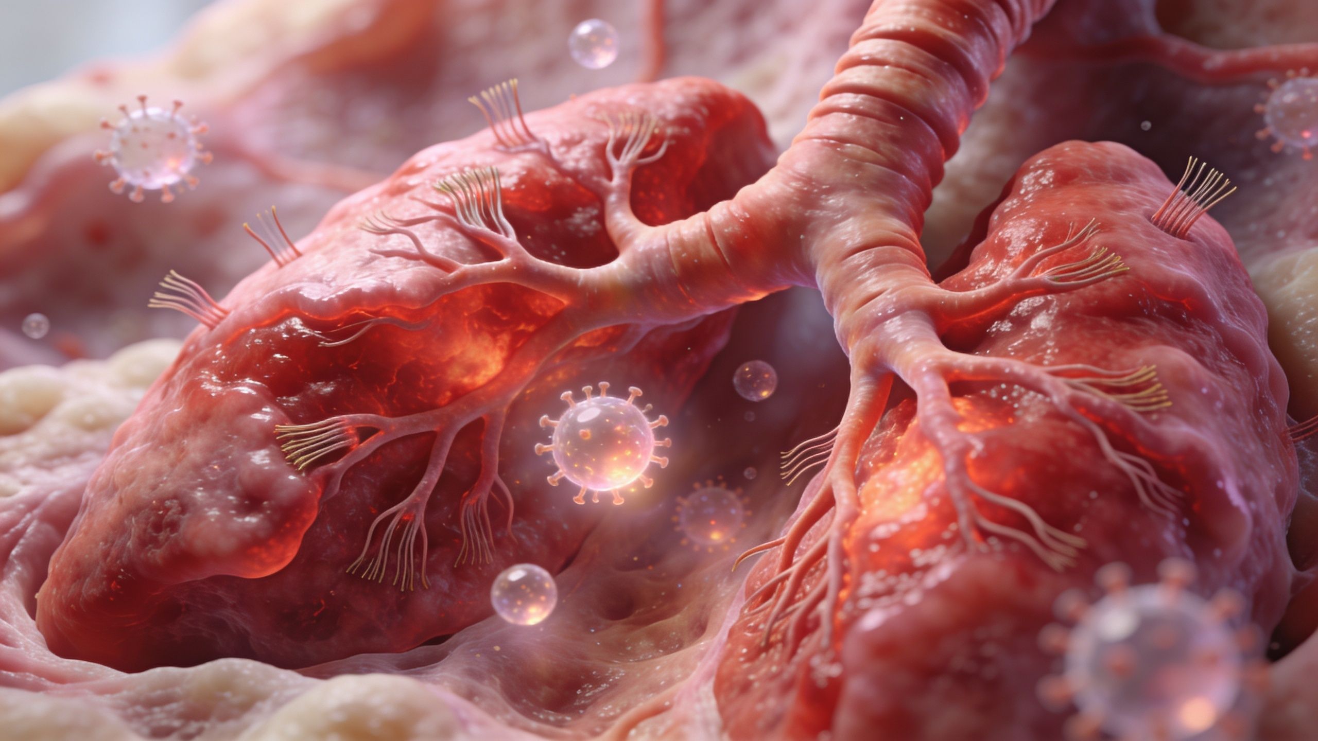 A detailed 3D medical illustration showing human lungs infected with virus particles floating in the air.