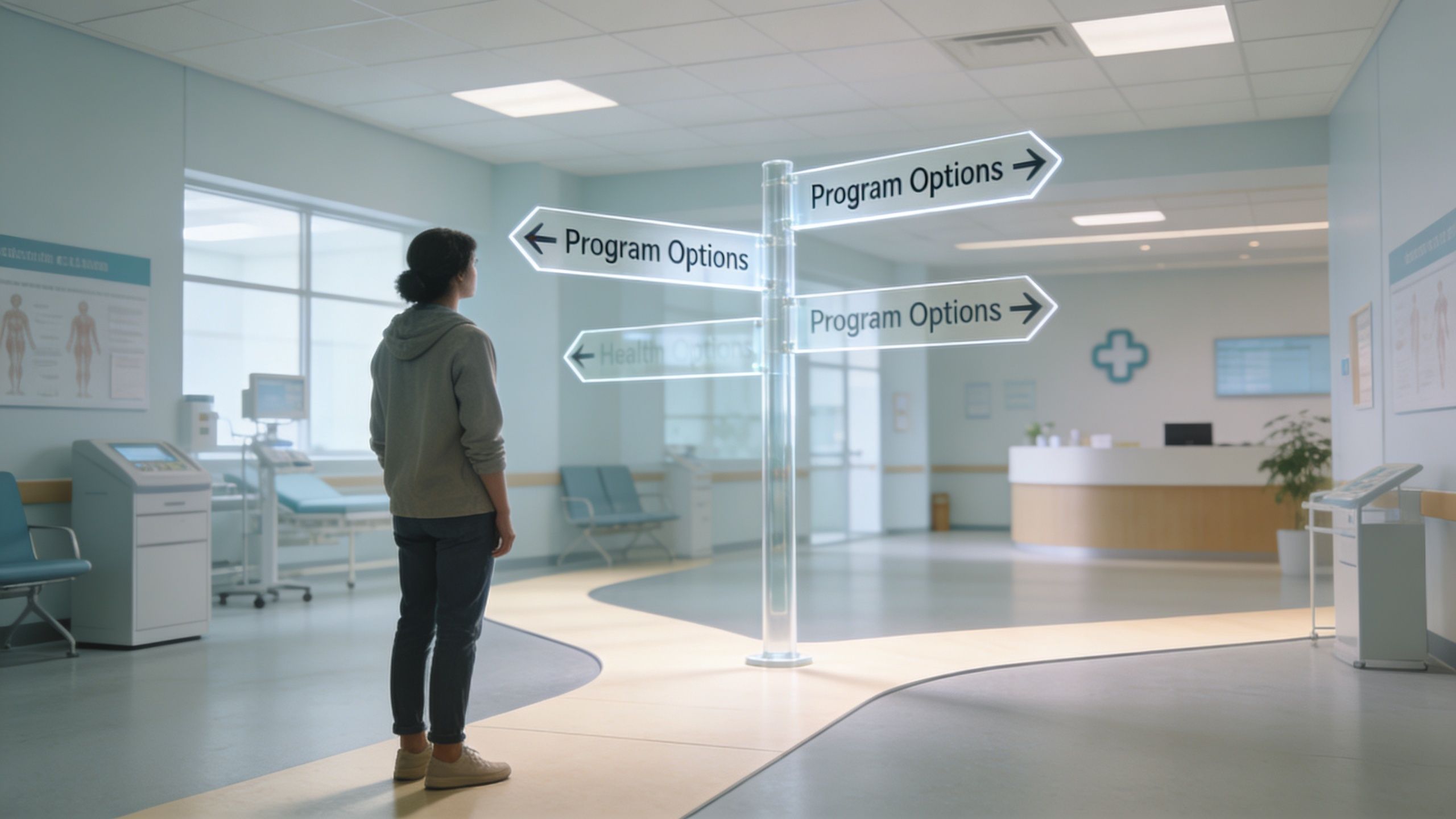 A person standing in a medical hallway looking at a glowing sign with various options displayed.