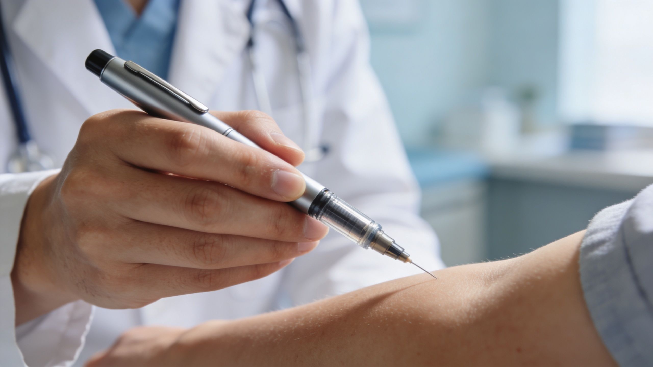 A doctor administering an injection to a patient's arm during a medical consultation in a clinic.