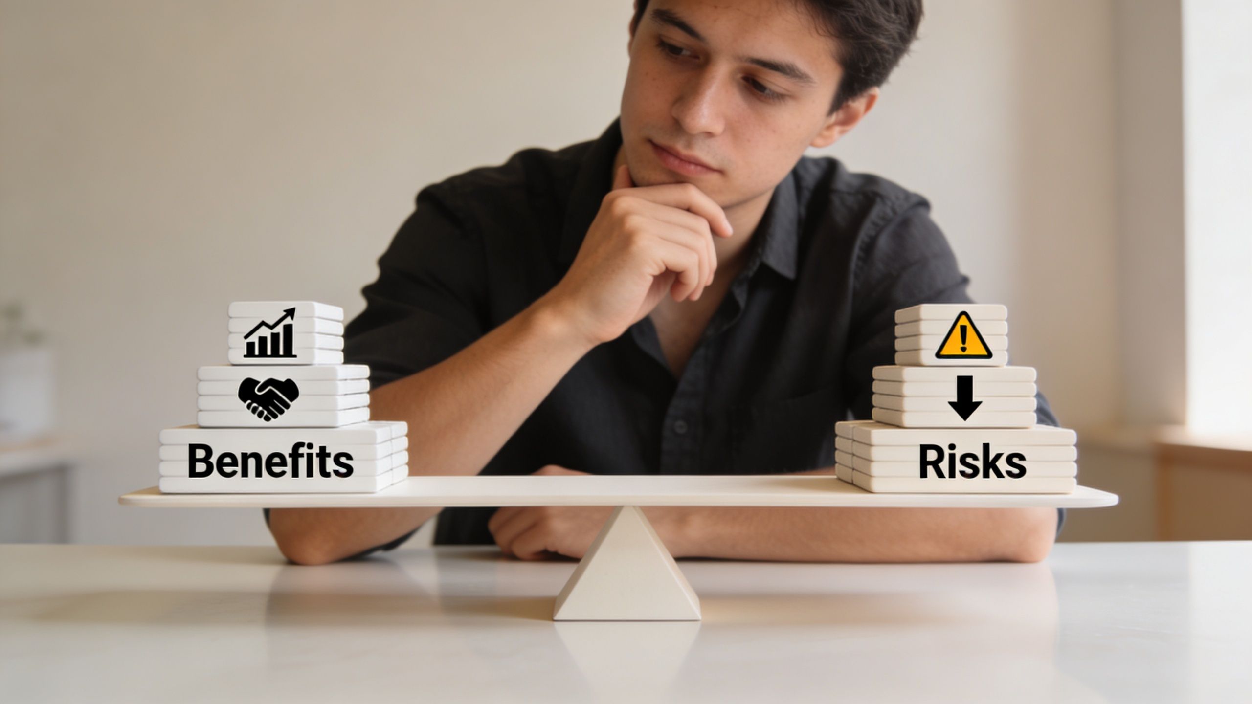 A thoughtful man weighing business benefits versus risks represented by stacked blocks on a balanced scale.