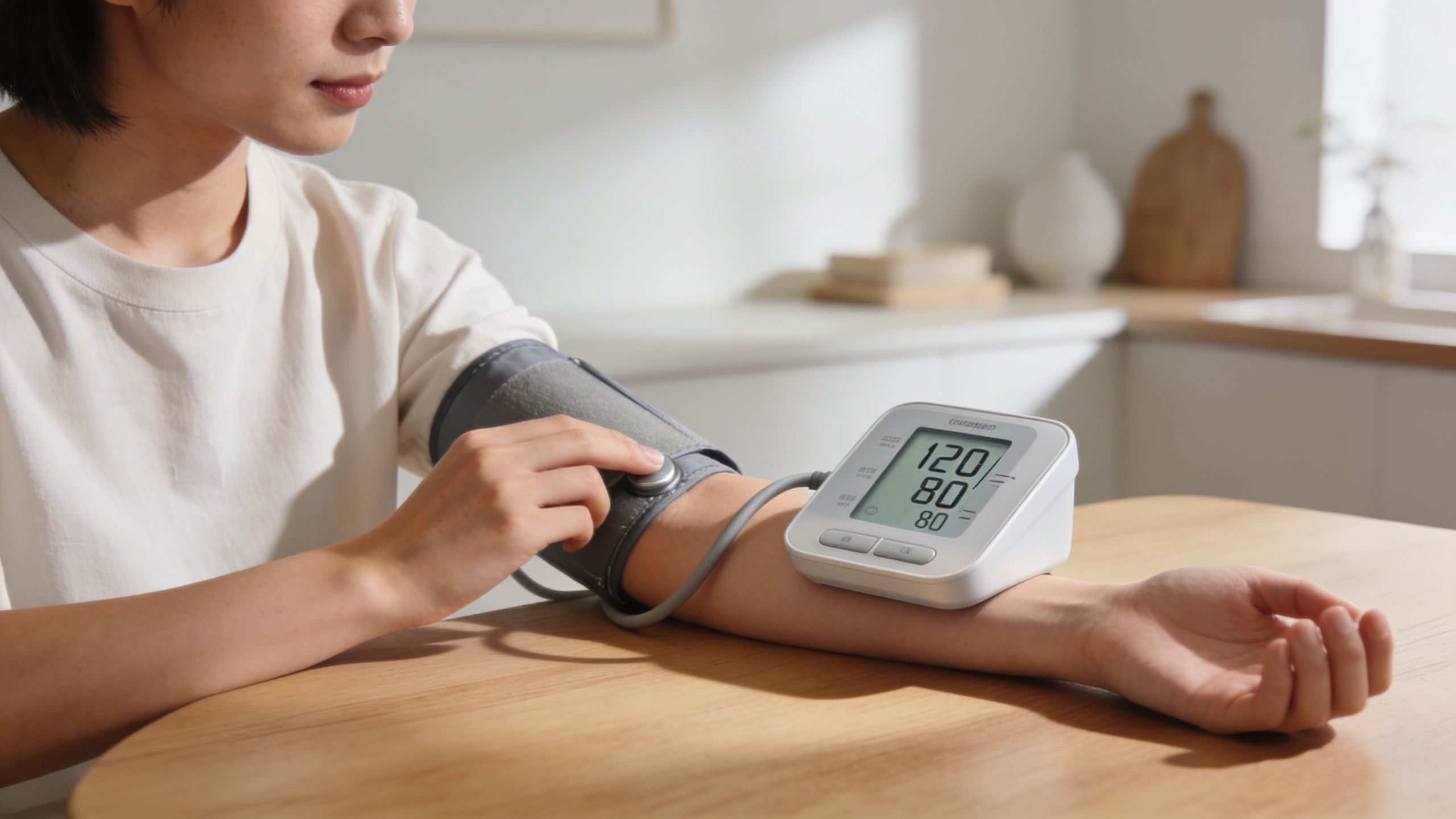A person sitting at a wooden table checking their blood pressure using a digital medical monitor.