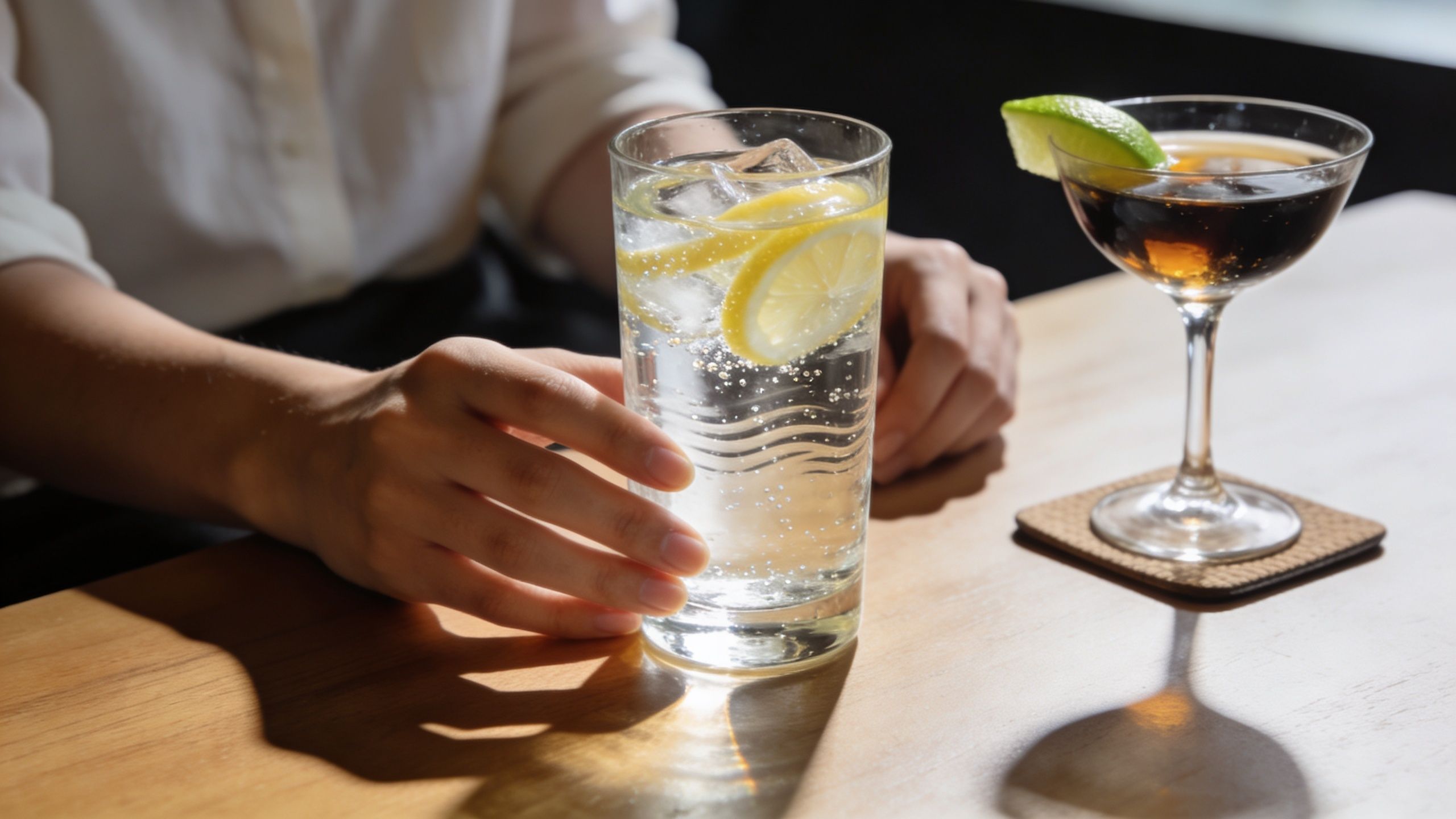 A person sitting at a wooden table with a glass of sparkling water and a cocktail.