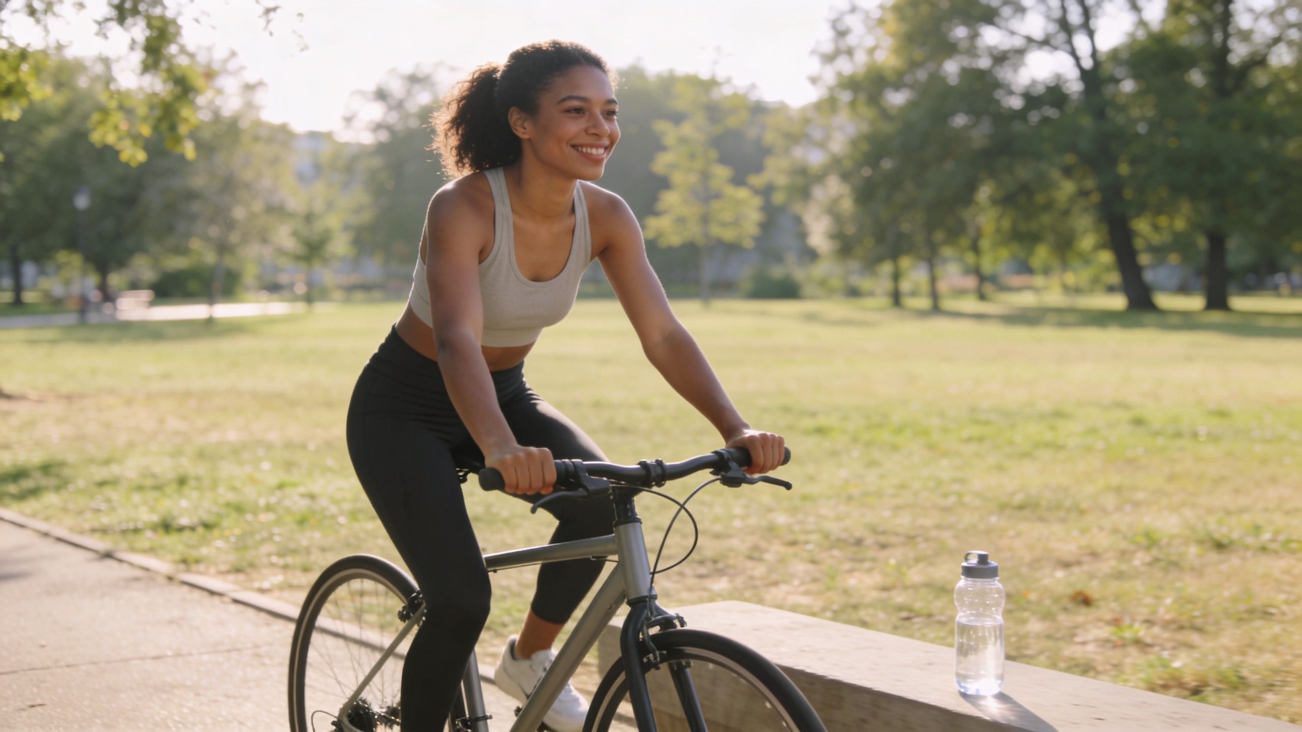 A happy young woman riding a bicycle in a park during a sunny day for exercise.