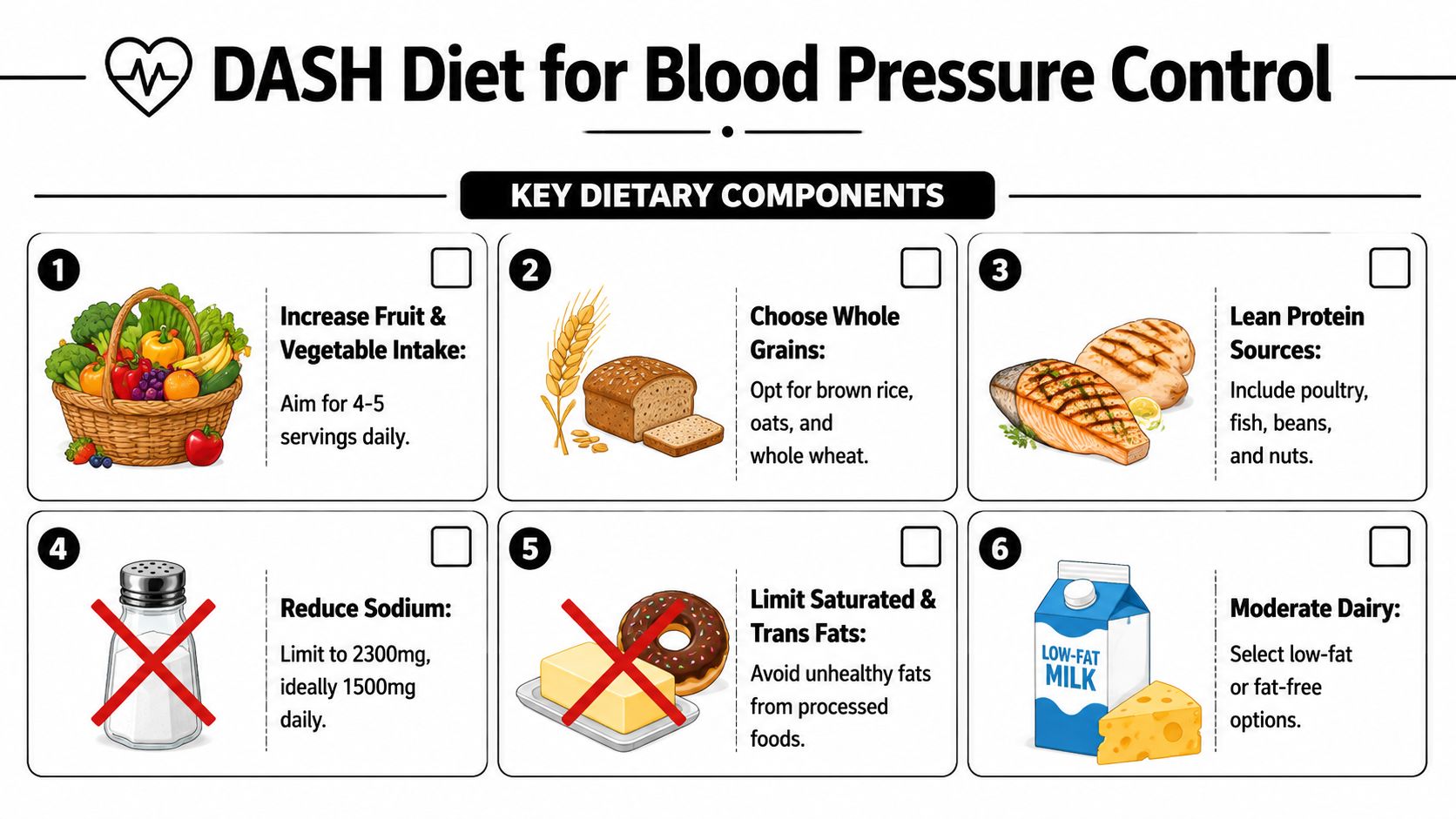 A visual guide outlining six key dietary components of the DASH diet for controlling blood pressure.