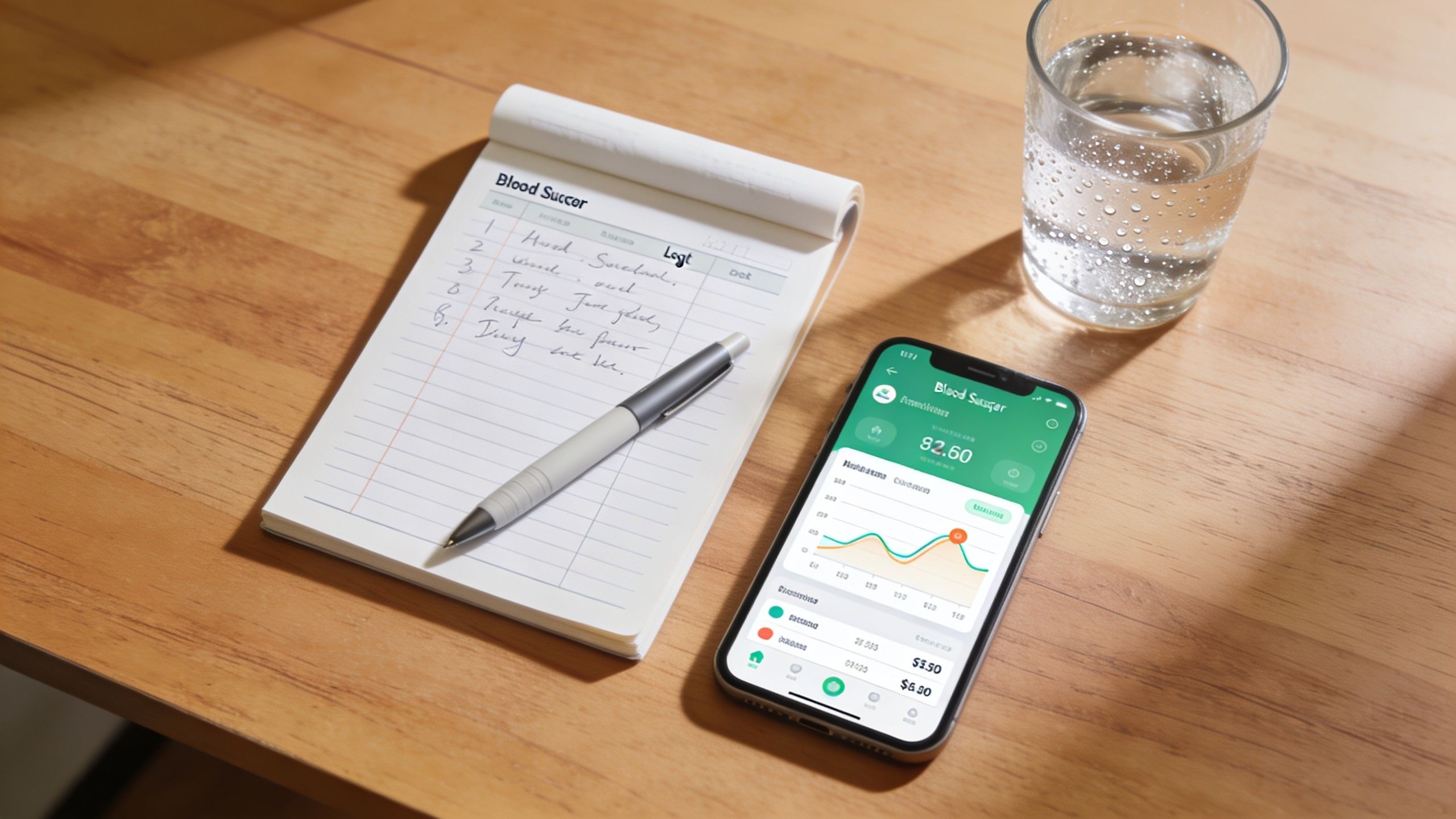 A notepad with handwritten blood sugar entries alongside a smartphone displaying a health tracking app on a desk.