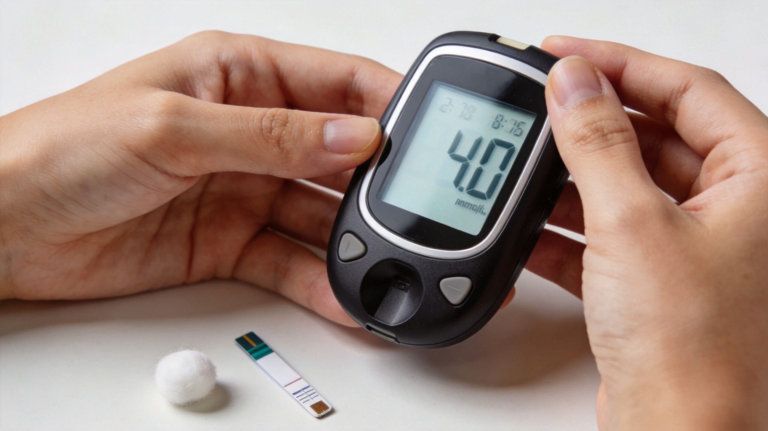 A close-up view of a person using a portable glucometer to measure their blood glucose level.