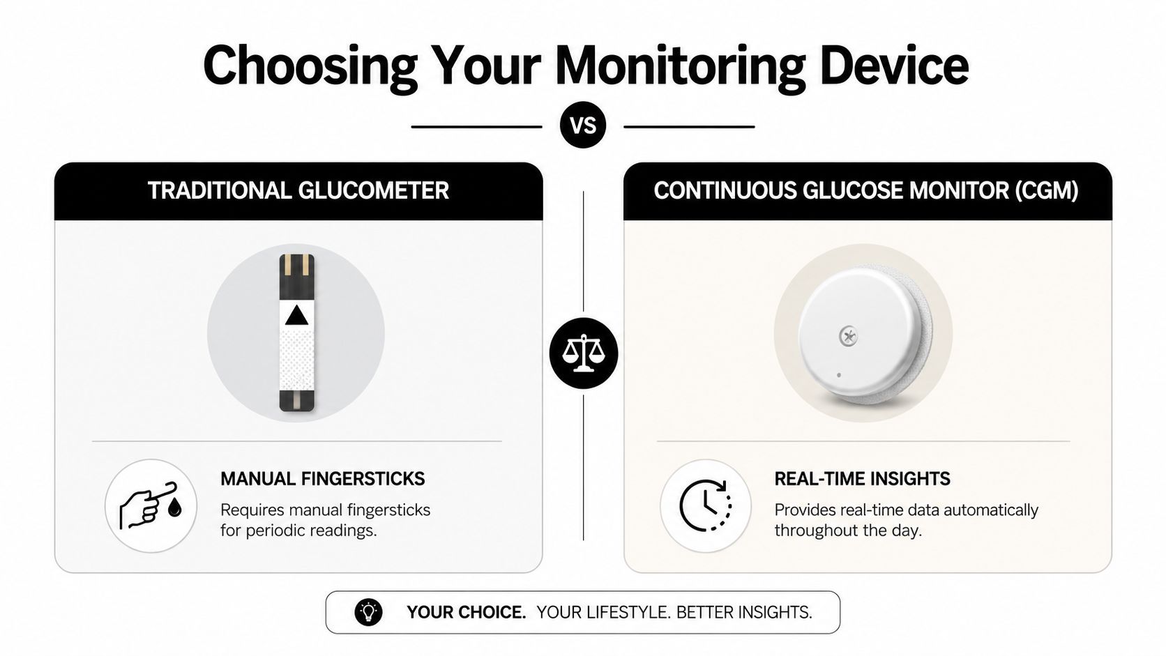A comparison infographic between a traditional fingerstick glucometer and a modern continuous glucose monitor for diabetes management.