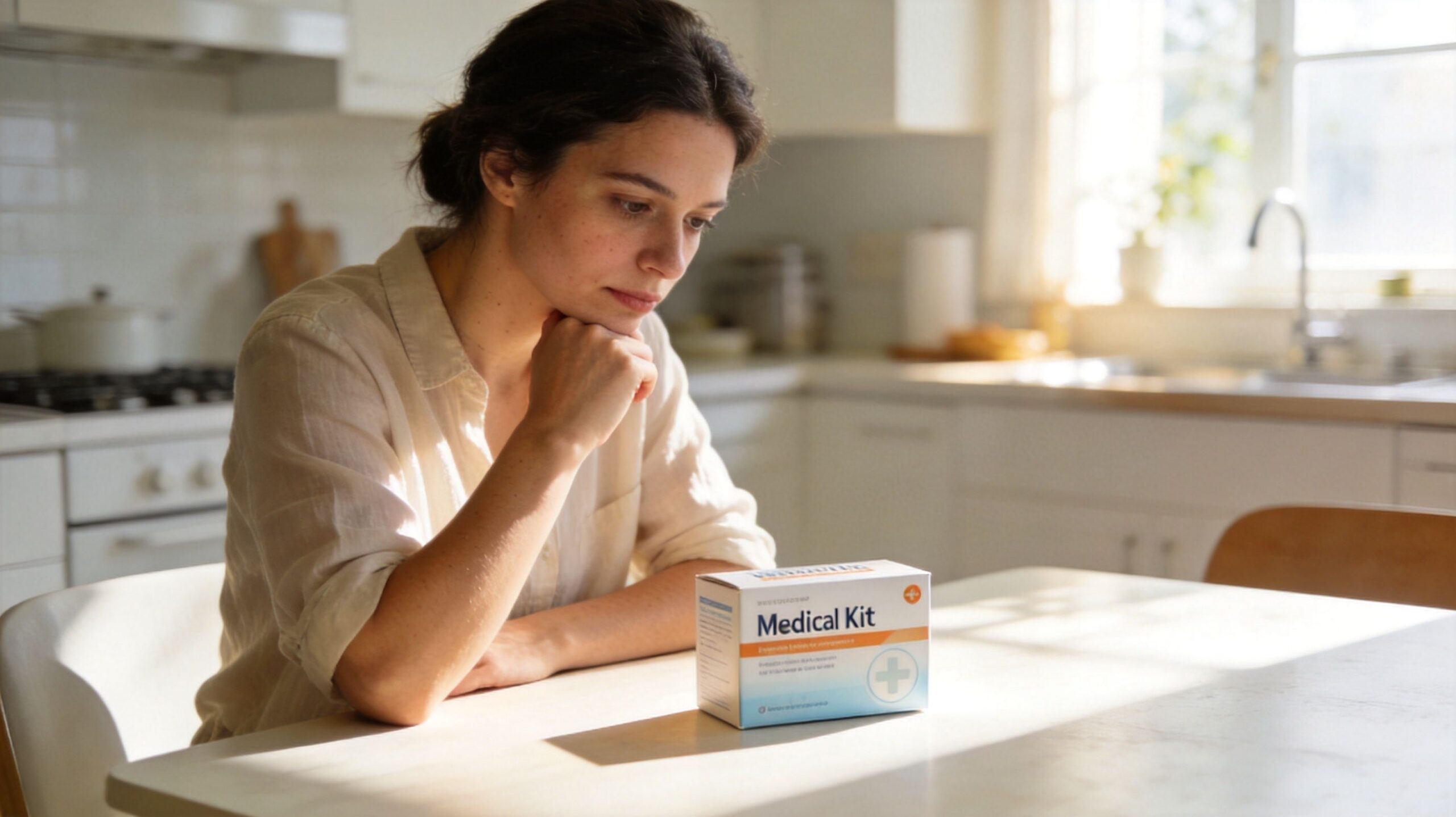 A pensive young woman sits at a kitchen table looking at a medical kit box.