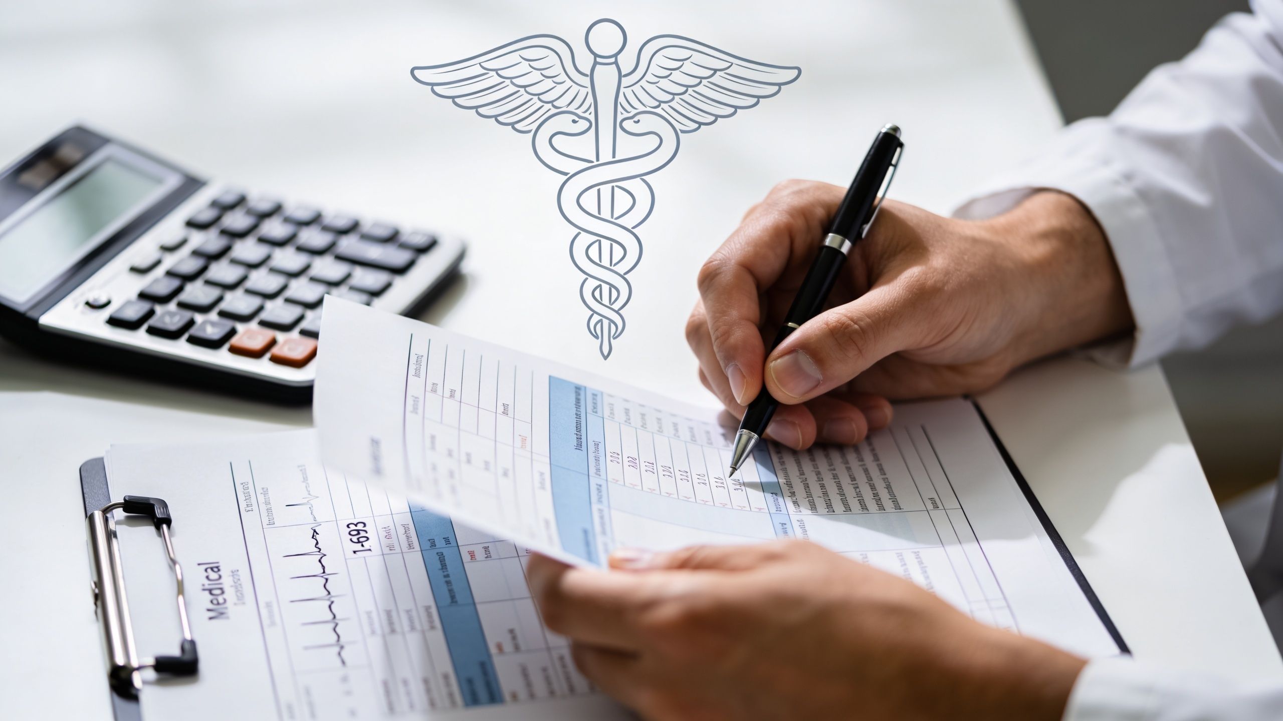A medical professional filling out an I-693 medical exam form at a desk with a calculator.
