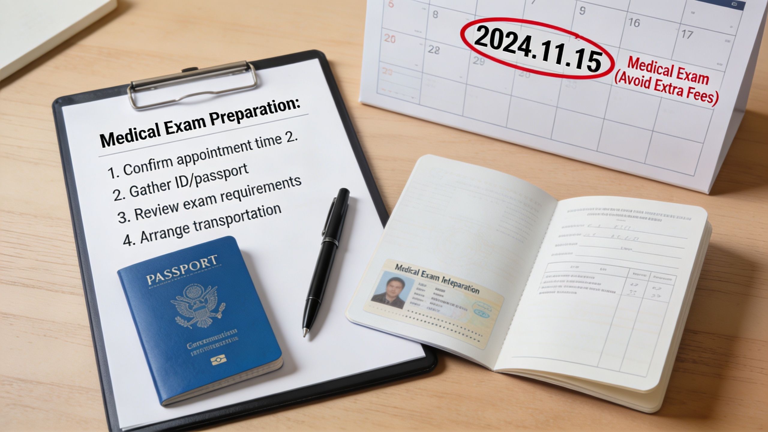A clipboard with a medical exam checklist, a passport, and a calendar marked for November 15, 2024.