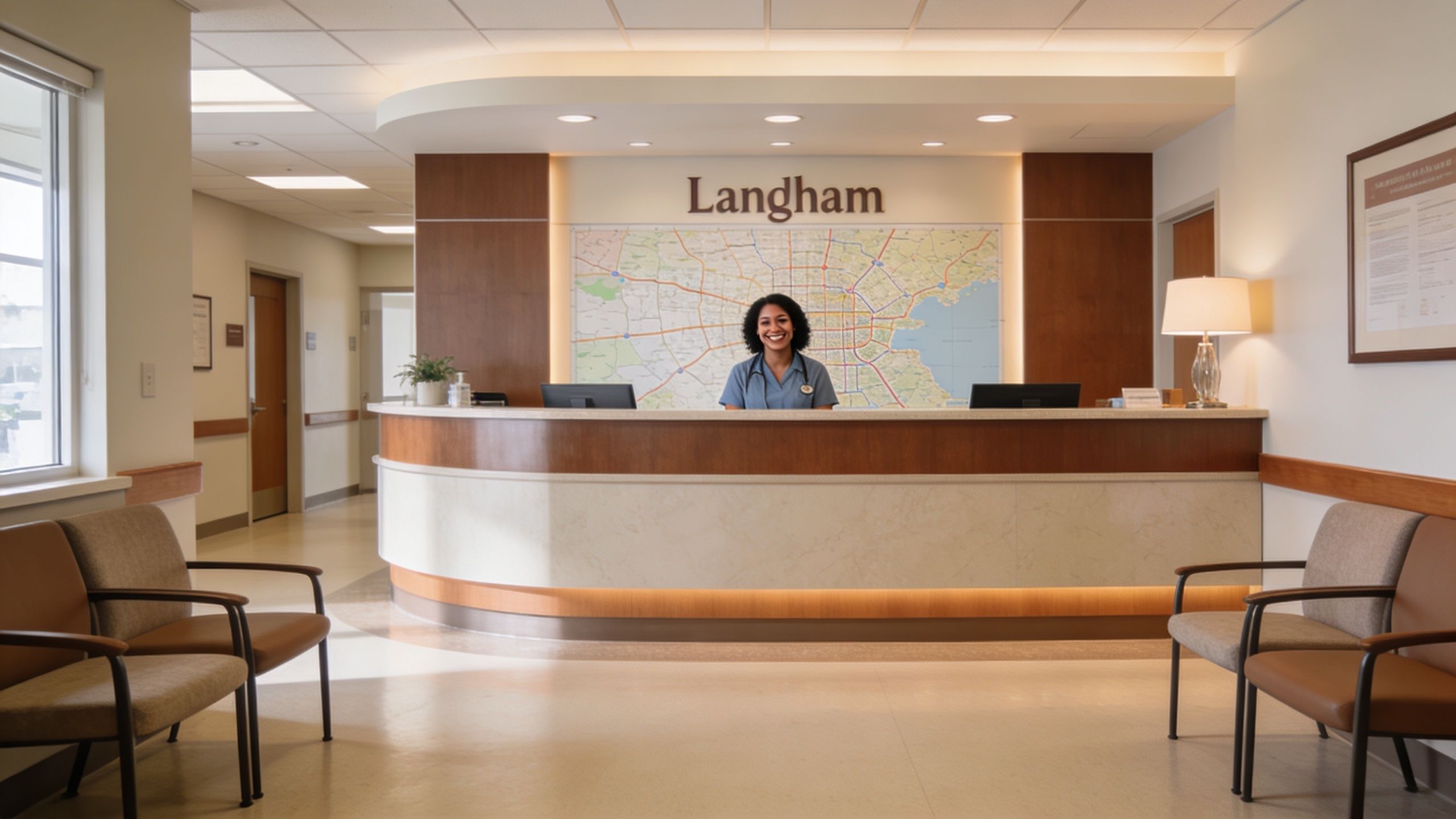 A smiling healthcare professional working behind a reception desk at the Langham medical facility office.