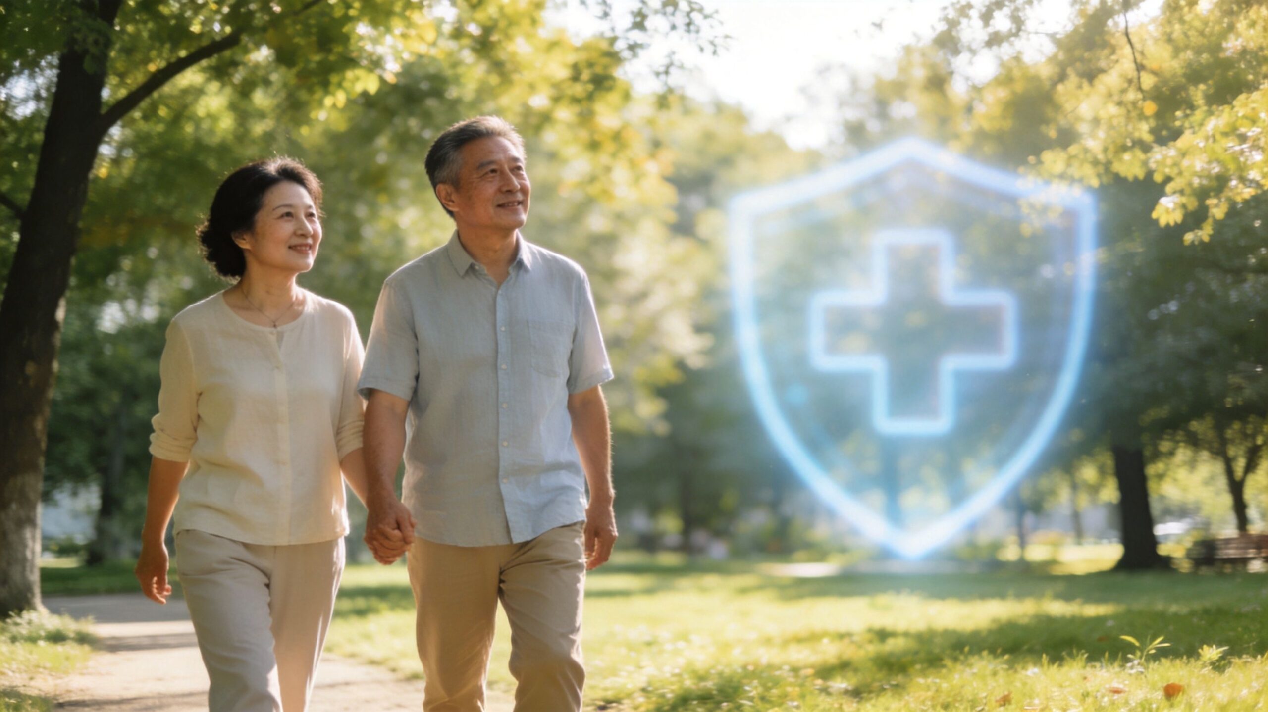 An elderly Asian couple walking hand in hand in a park with a digital medical shield icon nearby.