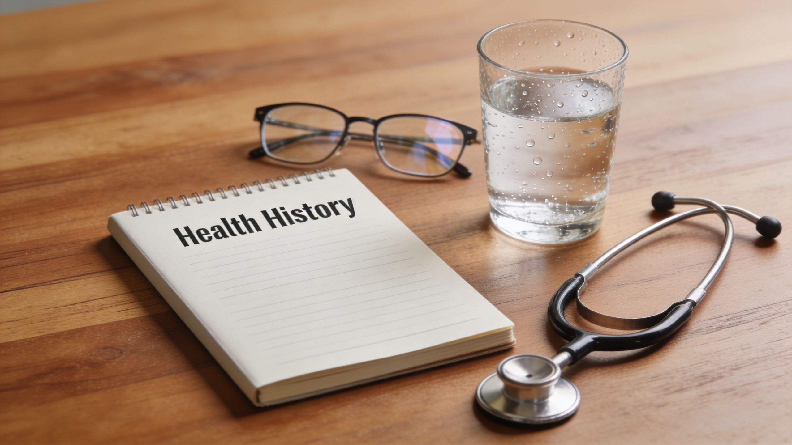 A notepad labeled Health History, a stethoscope, and a glass of water on a wooden desk.