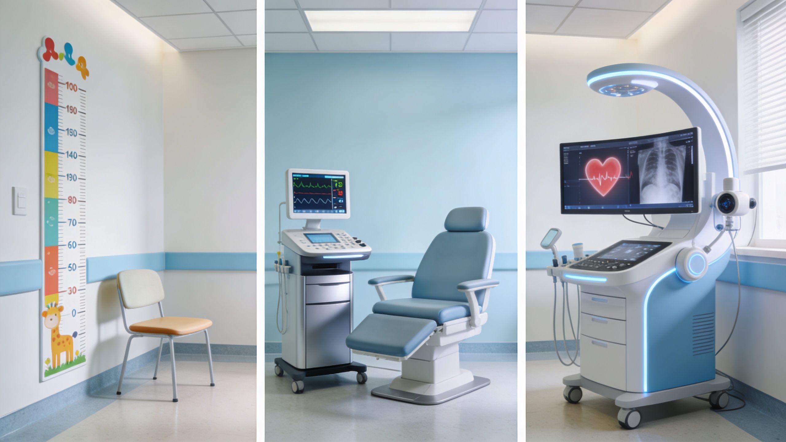 A triptych showing a pediatric growth chart, a medical examination chair, and a modern cardiac diagnostic station.