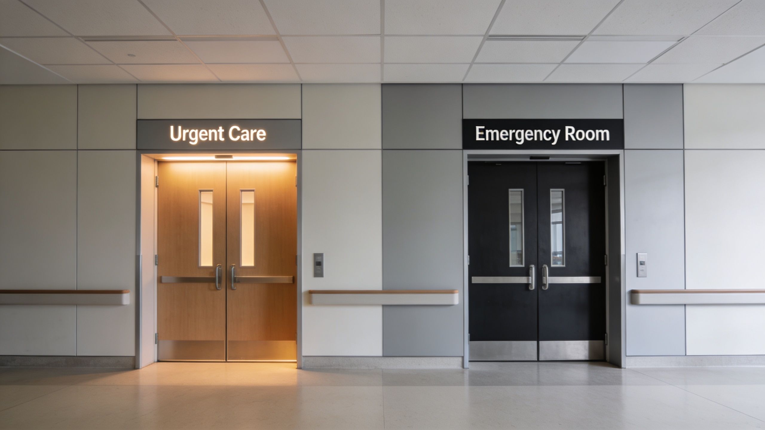 A hallway view showing side-by-side entrance doors for Urgent Care and the Emergency Room in a hospital.