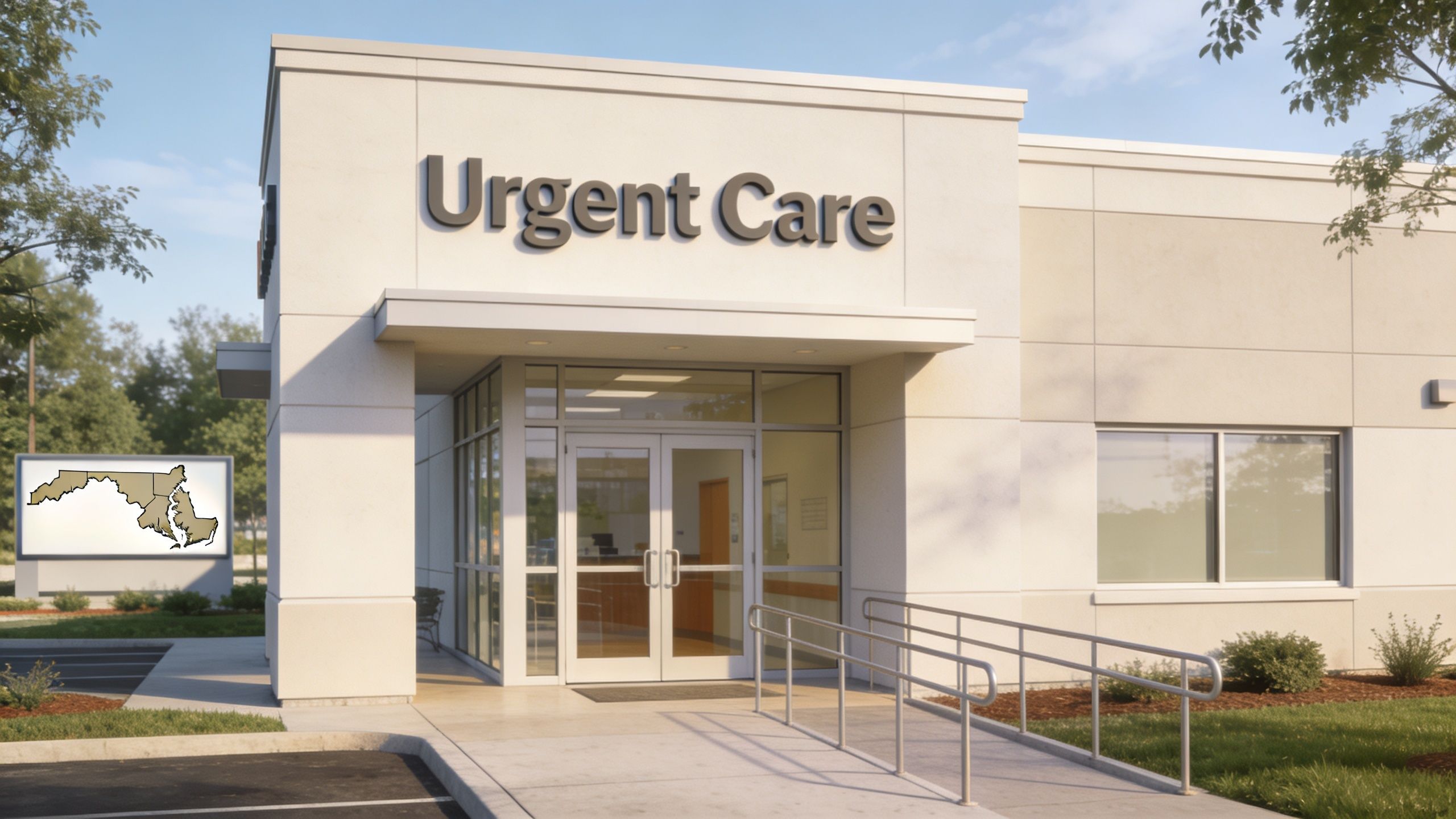 A modern urgent care clinic building entrance with a Maryland map sign located in the parking lot.