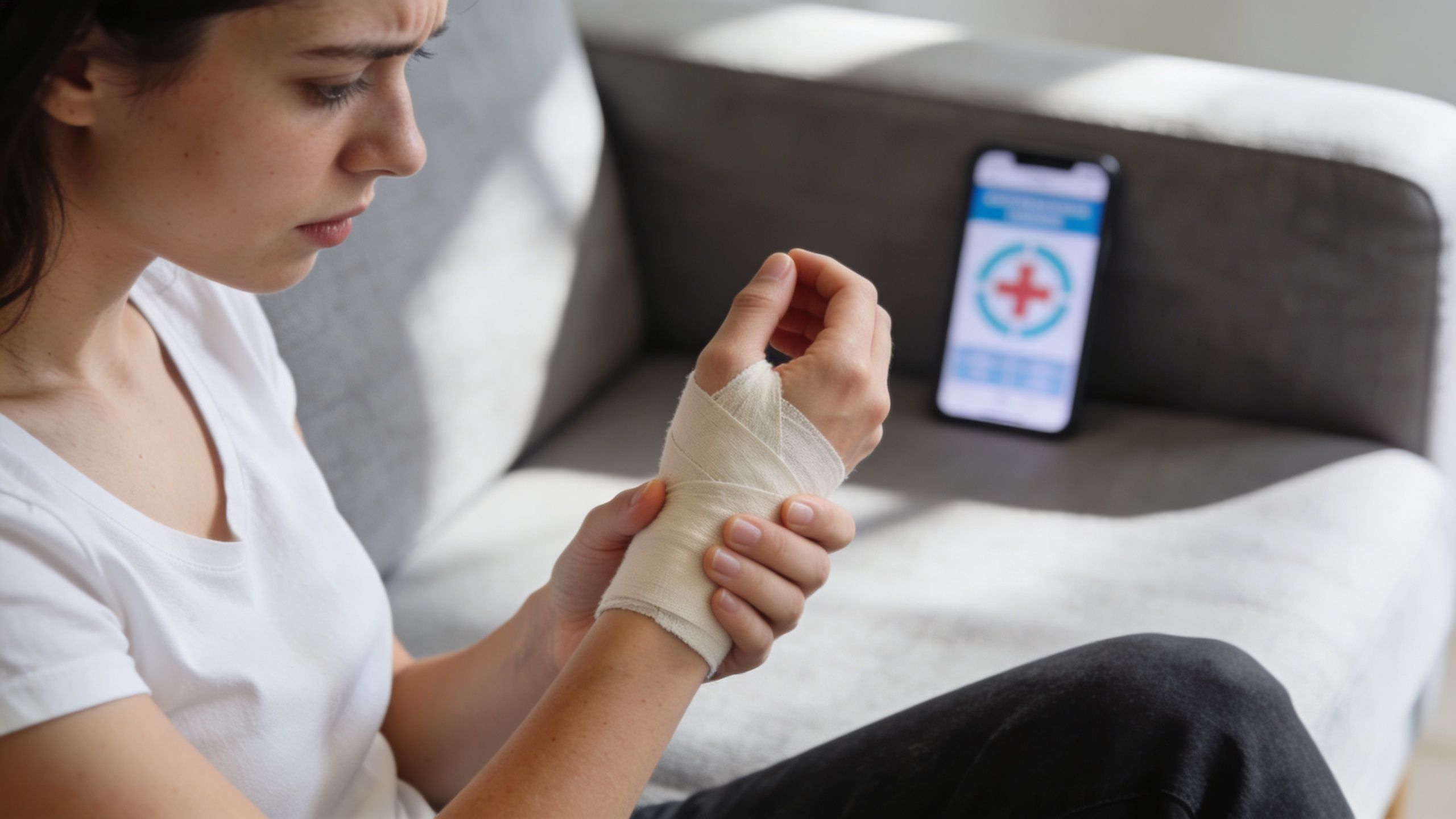 A concerned young woman sits on a couch while holding her bandaged wrist after an injury.