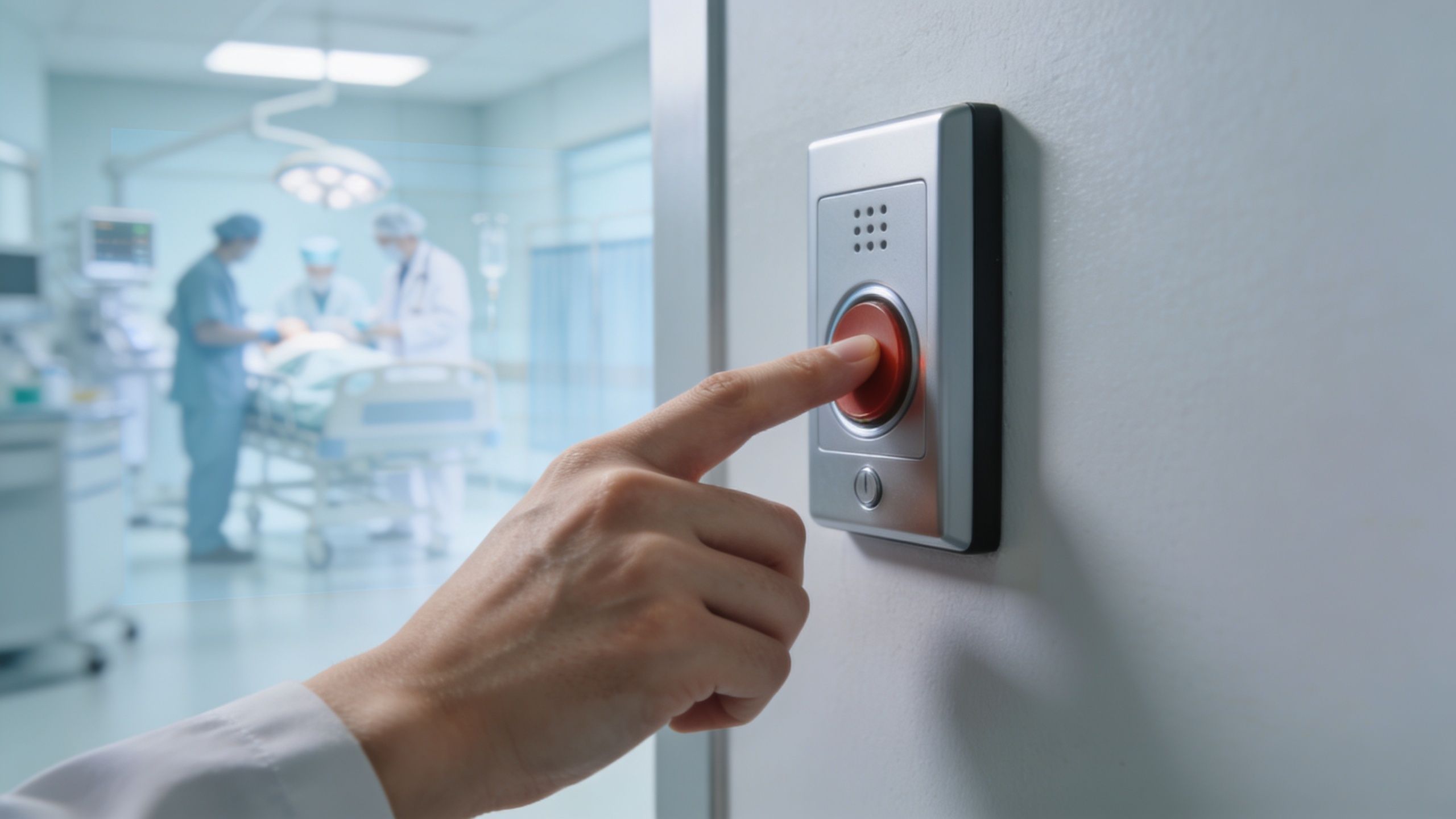 A close-up of a person's finger pressing a red emergency call button outside a medical operating room.