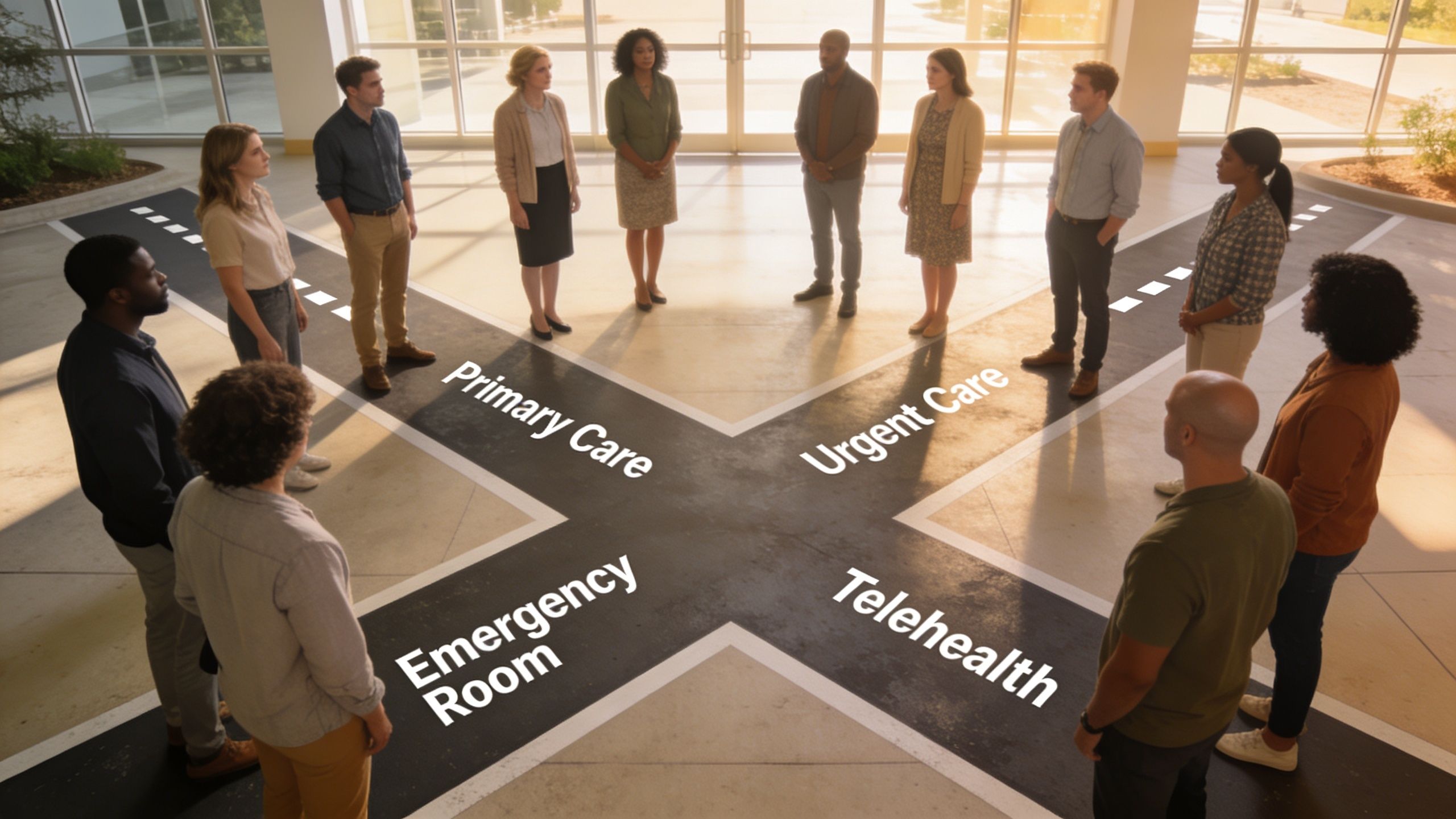 A diverse group of people standing around a floor illustration showing health care options for guidance.